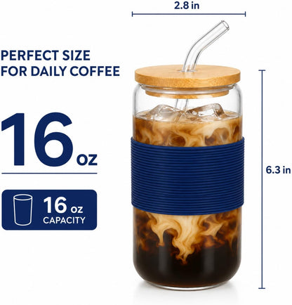 Glass Cup with Lid and Straw, 16 oz Reusable Iced Coffee Cup with Bamboo Lid, Lemon Yellow Silicone Sleeve and Cleaning Brush, for Cold Brew and Iced Drinks,Lemon Yellow