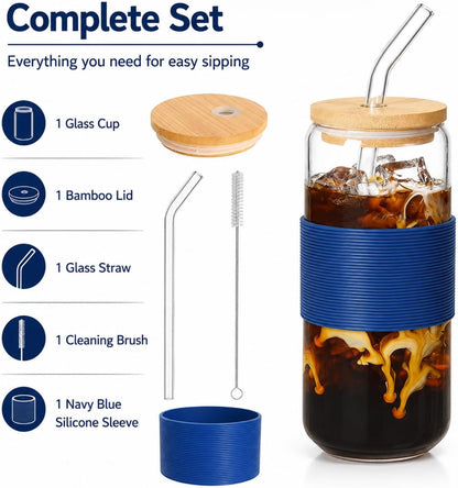 Glass Cup with Lid and Straw, 16 oz Reusable Iced Coffee Cup with Bamboo Lid, Lemon Yellow Silicone Sleeve and Cleaning Brush, for Cold Brew and Iced Drinks,Lemon Yellow