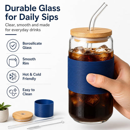Glass Cup with Lid and Straw, 16 oz Reusable Iced Coffee Cup with Bamboo Lid, Lemon Yellow Silicone Sleeve and Cleaning Brush, for Cold Brew and Iced Drinks,Lemon Yellow