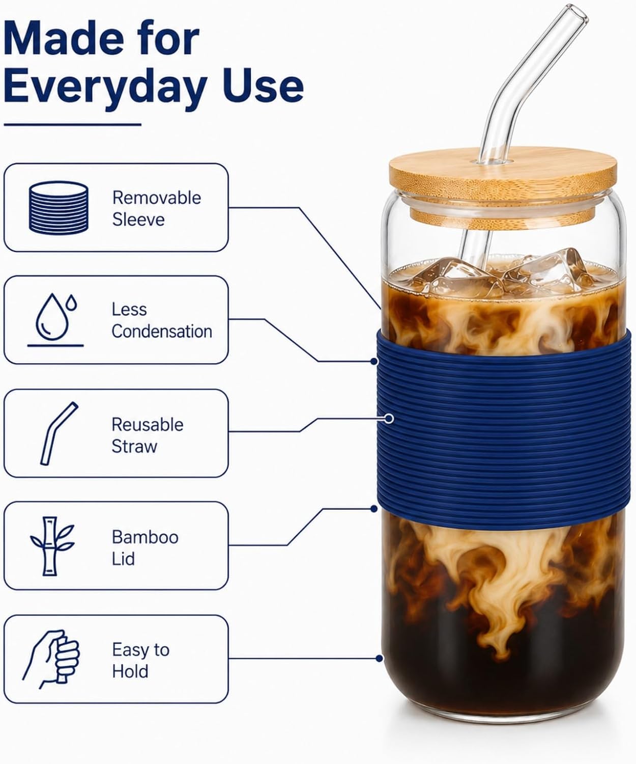 Glass Cup with Lid and Straw, 16 oz Reusable Iced Coffee Cup with Bamboo Lid, Lemon Yellow Silicone Sleeve and Cleaning Brush, for Cold Brew and Iced Drinks,Lemon Yellow