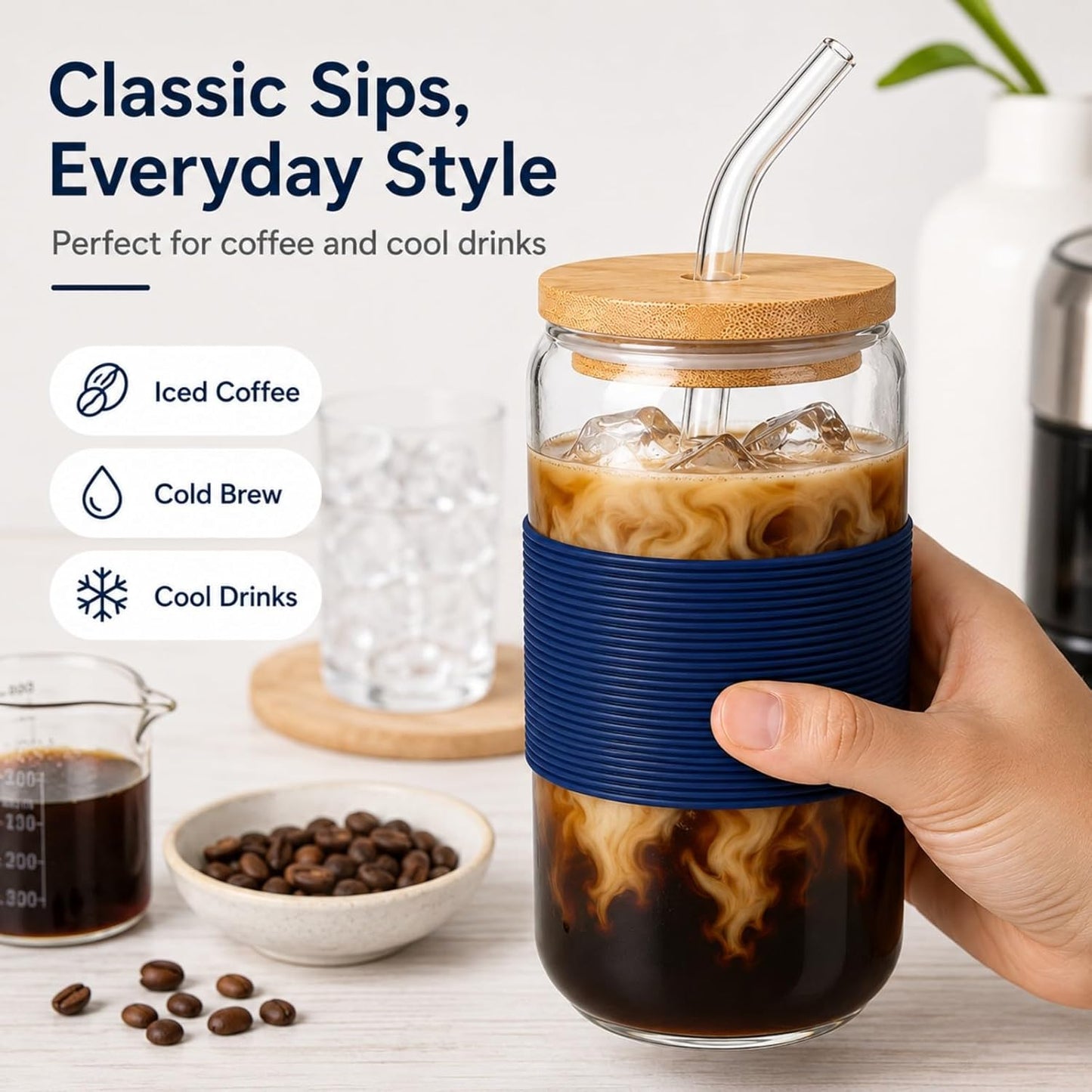Glass Cup with Lid and Straw, 16 oz Reusable Iced Coffee Cup with Bamboo Lid, Lemon Yellow Silicone Sleeve and Cleaning Brush, for Cold Brew and Iced Drinks,Lemon Yellow