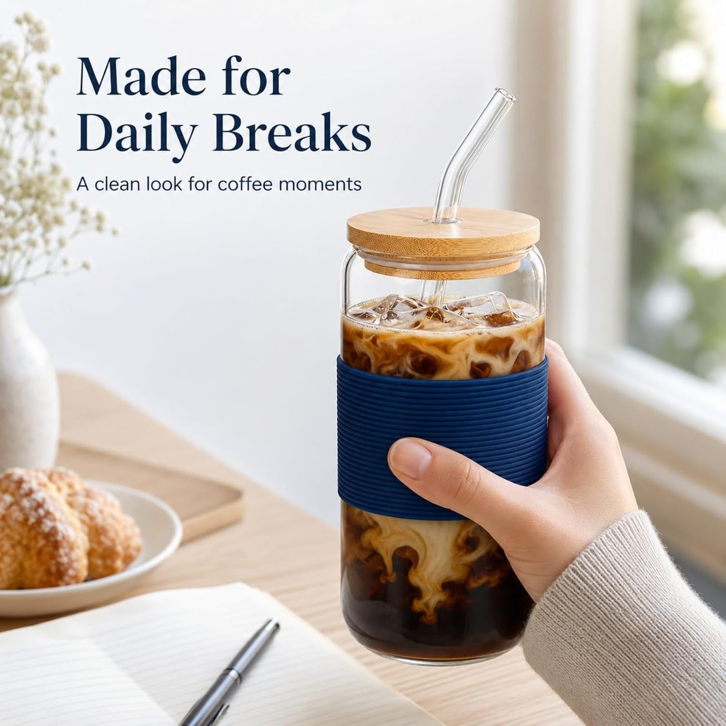 Glass Cup with Lid and Straw, 16 oz Reusable Iced Coffee Cup with Bamboo Lid, Lemon Yellow Silicone Sleeve and Cleaning Brush, for Cold Brew and Iced Drinks,Lemon Yellow