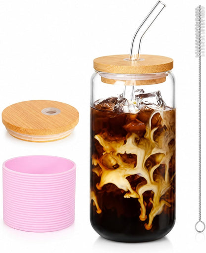 Glass Cup with Lid and Straw, 16 oz Reusable Iced Coffee Cup with Bamboo Lid, Lemon Yellow Silicone Sleeve and Cleaning Brush, for Cold Brew and Iced Drinks,Lemon Yellow