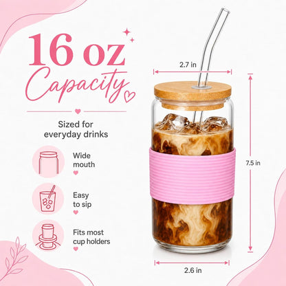 Glass Cup with Lid and Straw, 16 oz Reusable Iced Coffee Cup with Bamboo Lid, Lemon Yellow Silicone Sleeve and Cleaning Brush, for Cold Brew and Iced Drinks,Lemon Yellow