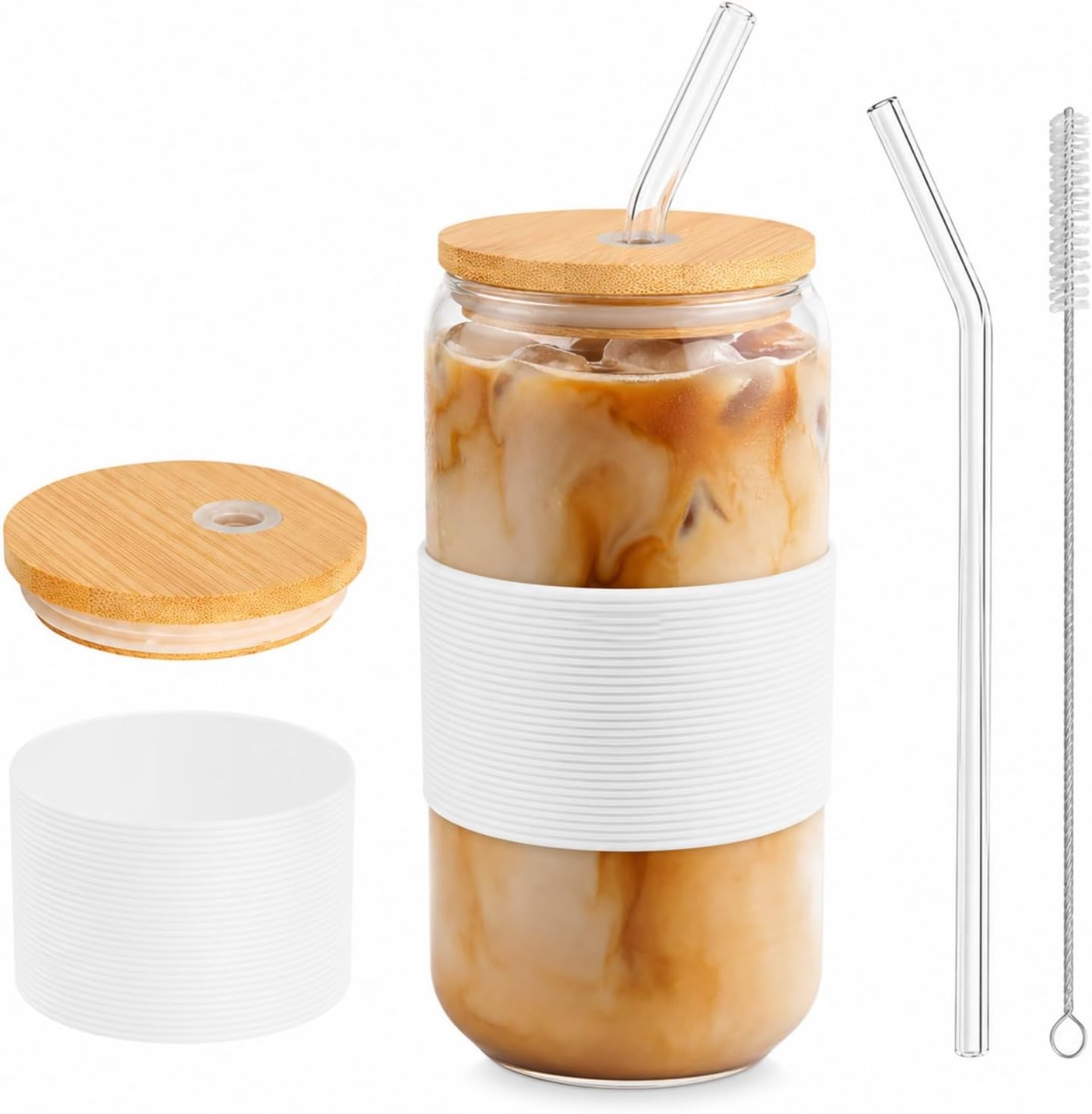 Glass Cup with Lid and Straw, 16 oz Reusable Iced Coffee Cup with Bamboo Lid, Lemon Yellow Silicone Sleeve and Cleaning Brush, for Cold Brew and Iced Drinks,Lemon Yellow