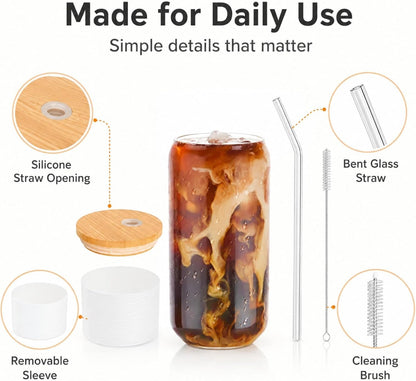 Glass Cup with Lid and Straw, 16 oz Reusable Iced Coffee Cup with Bamboo Lid, Lemon Yellow Silicone Sleeve and Cleaning Brush, for Cold Brew and Iced Drinks,Lemon Yellow