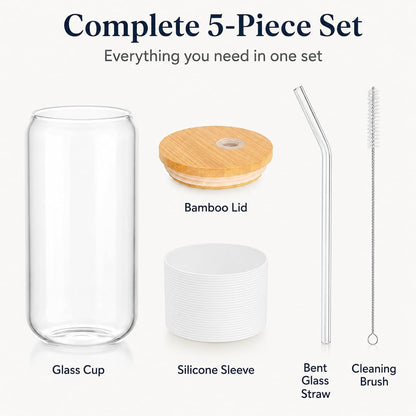 Glass Cup with Lid and Straw, 16 oz Reusable Iced Coffee Cup with Bamboo Lid, Lemon Yellow Silicone Sleeve and Cleaning Brush, for Cold Brew and Iced Drinks,Lemon Yellow