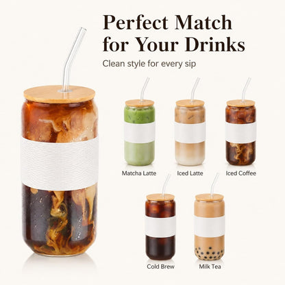 Glass Cup with Lid and Straw, 16 oz Reusable Iced Coffee Cup with Bamboo Lid, Lemon Yellow Silicone Sleeve and Cleaning Brush, for Cold Brew and Iced Drinks,Lemon Yellow