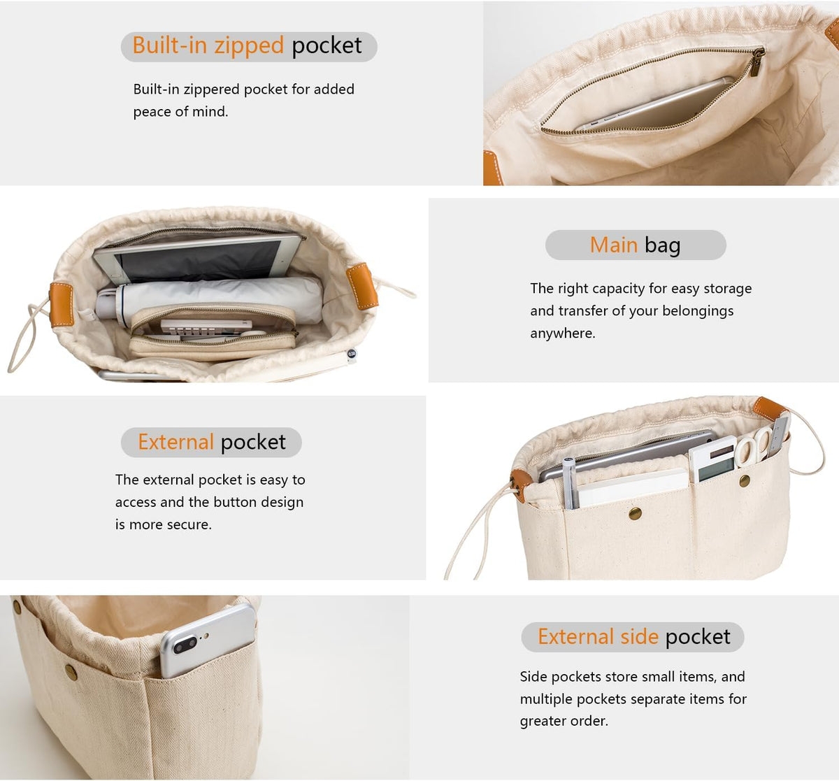 Cotton Canvas Lady Women Travel Handbag Organizer Insert for Tote Handbag (S)