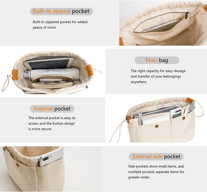 Cotton Canvas Lady Women Travel Handbag Organizer Insert for Tote Handbag (S)