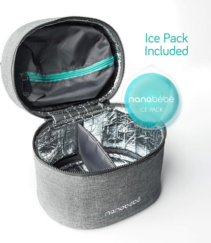 Nanobebe Breastmilk Baby Bottle Deluxe Cooler & Travel Bag with Ice Pack Included. Compact Triple Insulated, Easily attaches to Stroller or Diaper Bag- Grey