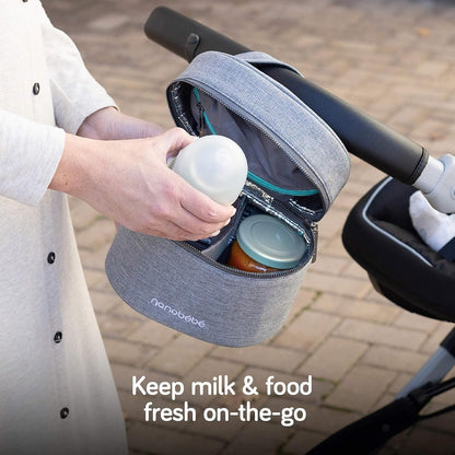 Nanobebe Breastmilk Baby Bottle Deluxe Cooler & Travel Bag with Ice Pack Included. Compact Triple Insulated, Easily attaches to Stroller or Diaper Bag- Grey