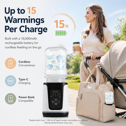 Portable Baby Bottle Warmer - Dual Heating Modes for Breast Milk & Formula Water, Up to 15 Warmings On-the-Go Cordless Quick Heater, Smart LED Screen Constant Temperature Infant Newborn Essentials