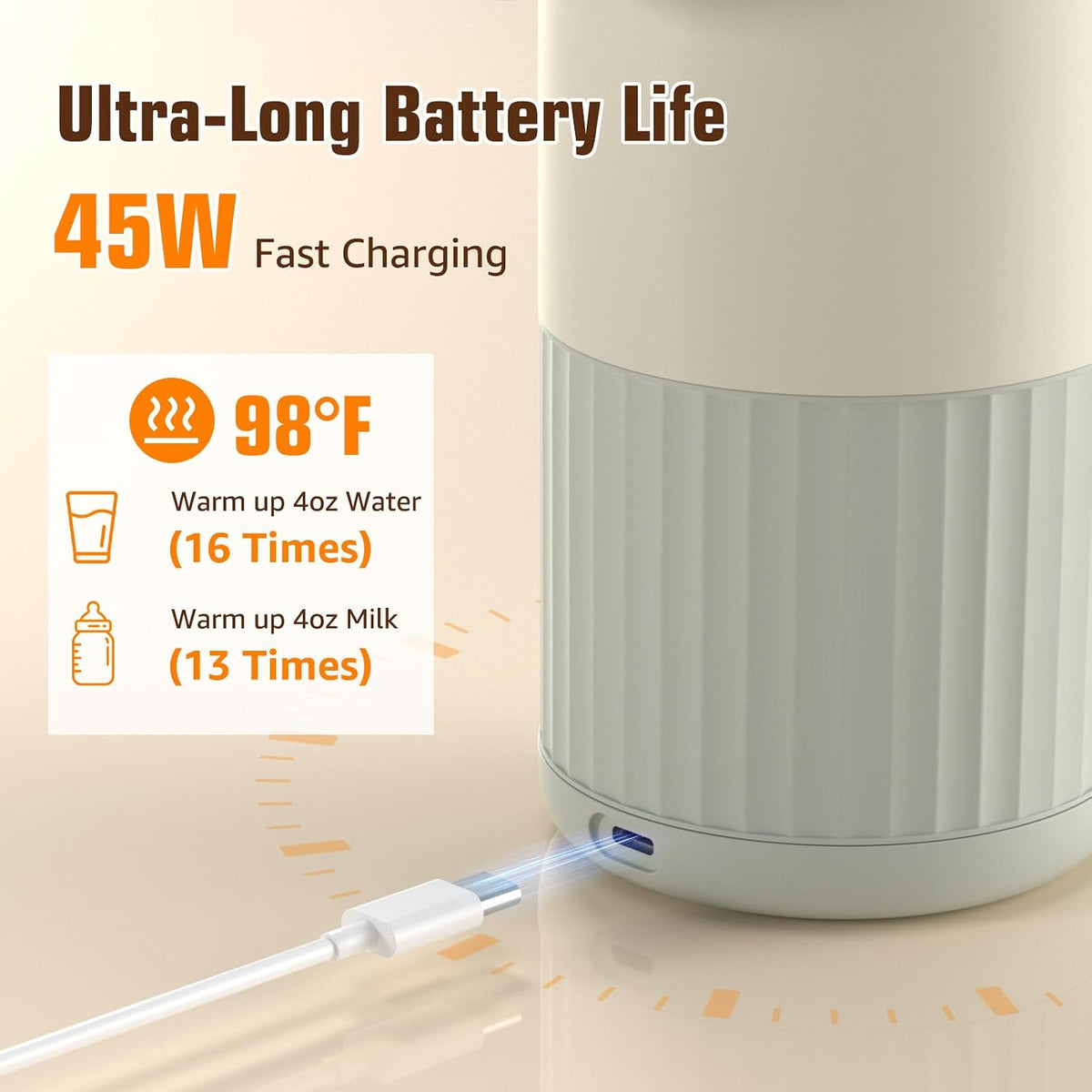 Portable Bottle Warmer for Breast Milk,Formula or Water 13oz Large Capacity,100W Power Fast Warming & Precise Temp Control Baby Milk Warmer for Travel