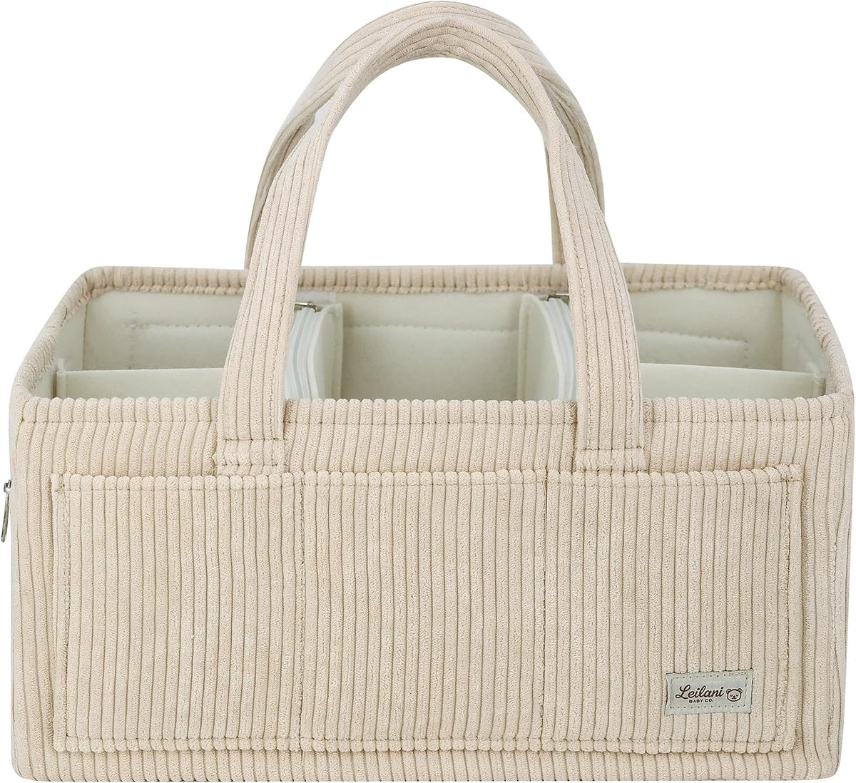 Diaper Caddy Organizer Beige Corduroy Nursery Storage Basket with Removable Dividers, Handles, Zippered Pockets for Baby Essentials