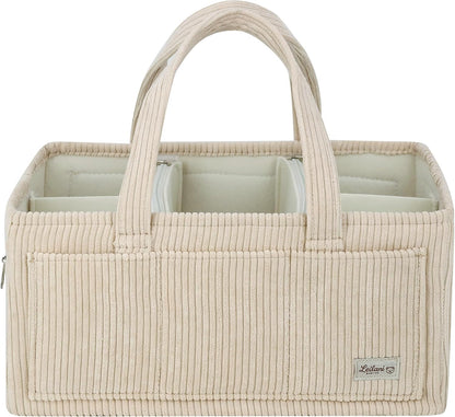 Diaper Caddy Organizer Beige Corduroy Nursery Storage Basket with Removable Dividers, Handles, Zippered Pockets for Baby Essentials