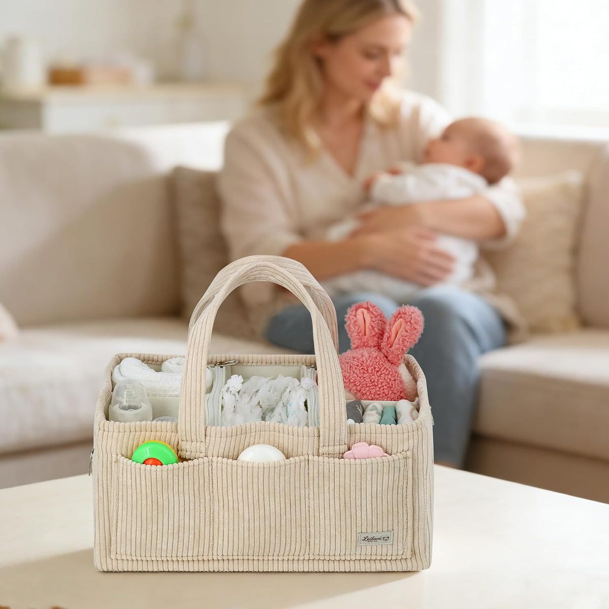 Diaper Caddy Organizer Beige Corduroy Nursery Storage Basket with Removable Dividers, Handles, Zippered Pockets for Baby Essentials
