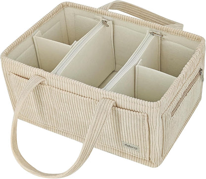 Diaper Caddy Organizer Beige Corduroy Nursery Storage Basket with Removable Dividers, Handles, Zippered Pockets for Baby Essentials