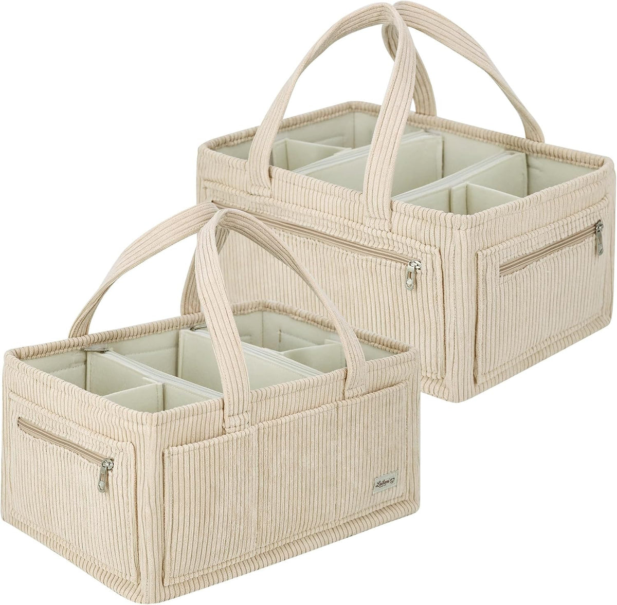Diaper Caddy Organizer Beige Corduroy Nursery Storage Basket with Removable Dividers, Handles, Zippered Pockets for Baby Essentials