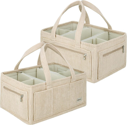 Diaper Caddy Organizer Beige Corduroy Nursery Storage Basket with Removable Dividers, Handles, Zippered Pockets for Baby Essentials