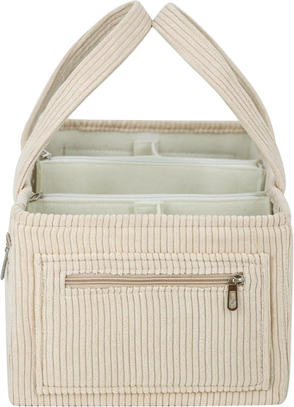 Diaper Caddy Organizer Beige Corduroy Nursery Storage Basket with Removable Dividers, Handles, Zippered Pockets for Baby Essentials