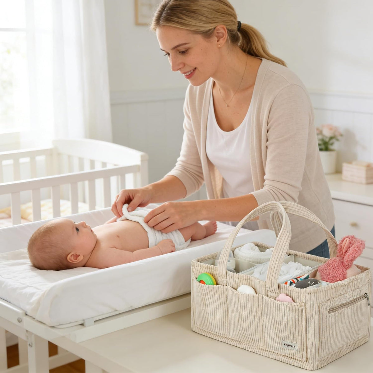 Diaper Caddy Organizer Beige Corduroy Nursery Storage Basket with Removable Dividers, Handles, Zippered Pockets for Baby Essentials