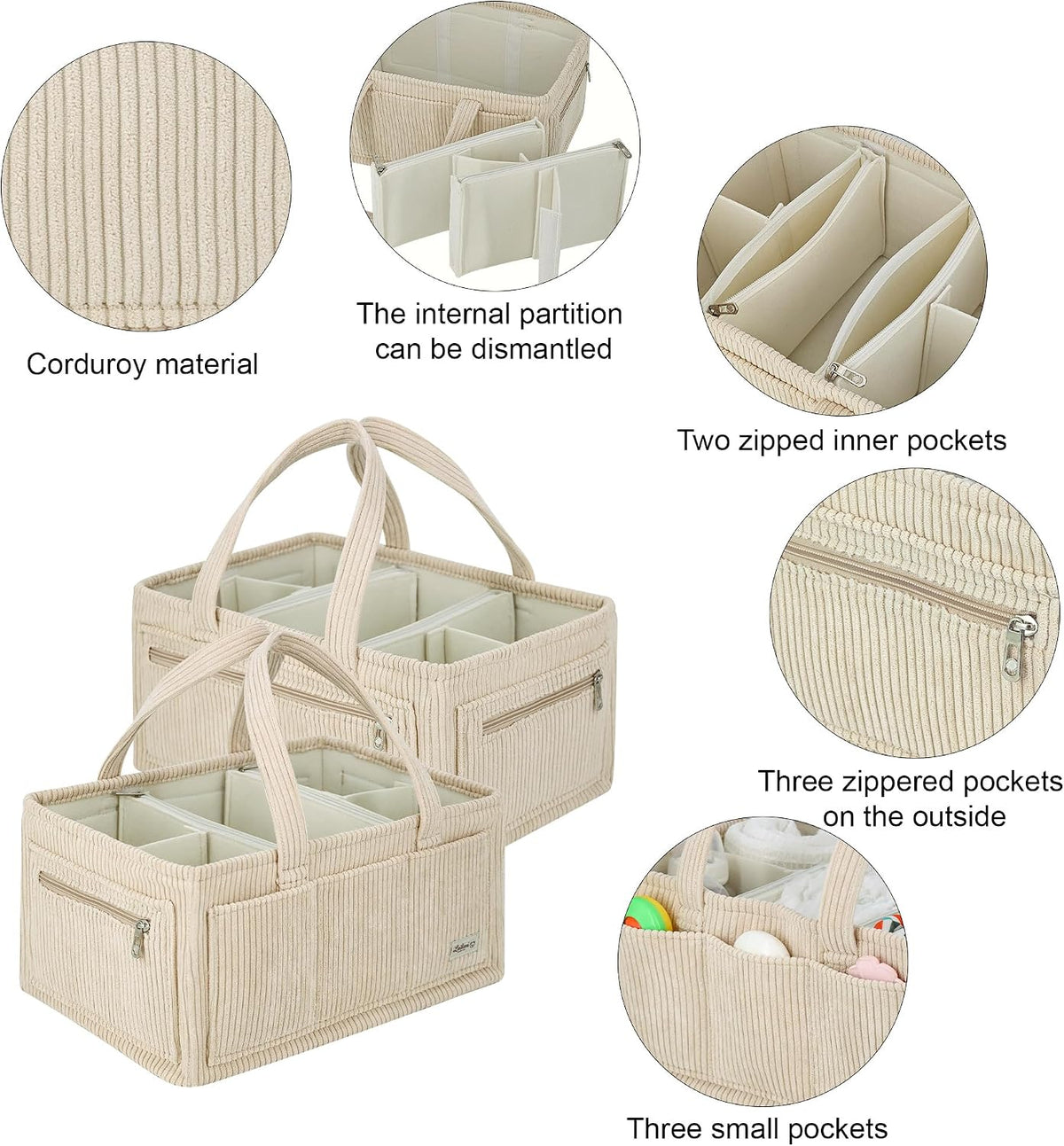Diaper Caddy Organizer Beige Corduroy Nursery Storage Basket with Removable Dividers, Handles, Zippered Pockets for Baby Essentials