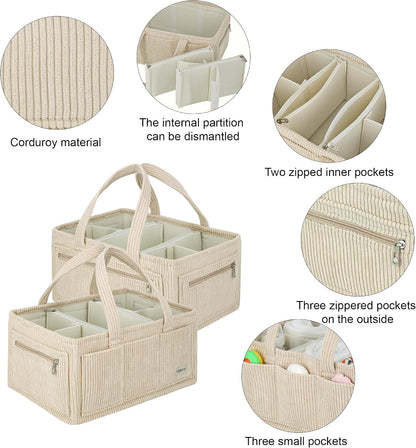 Diaper Caddy Organizer Beige Corduroy Nursery Storage Basket with Removable Dividers, Handles, Zippered Pockets for Baby Essentials