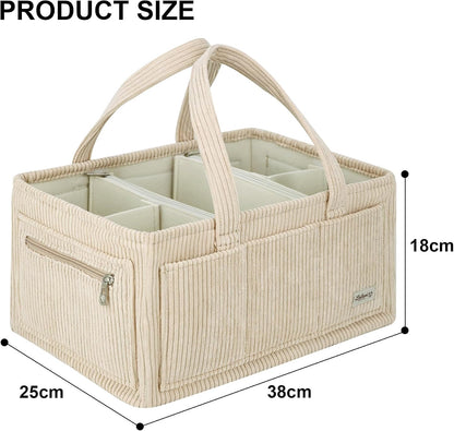 Diaper Caddy Organizer Beige Corduroy Nursery Storage Basket with Removable Dividers, Handles, Zippered Pockets for Baby Essentials