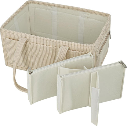 Diaper Caddy Organizer Beige Corduroy Nursery Storage Basket with Removable Dividers, Handles, Zippered Pockets for Baby Essentials