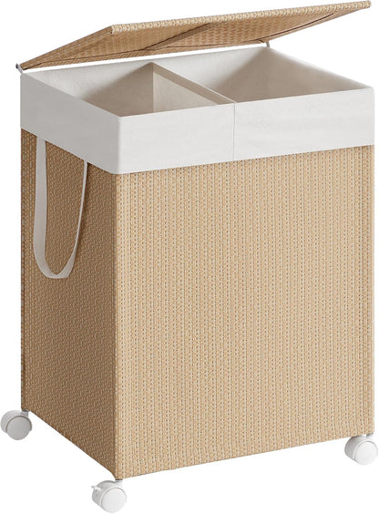 Laundry Hamper with 3 Section, 140 L, Rattan, with Wheels