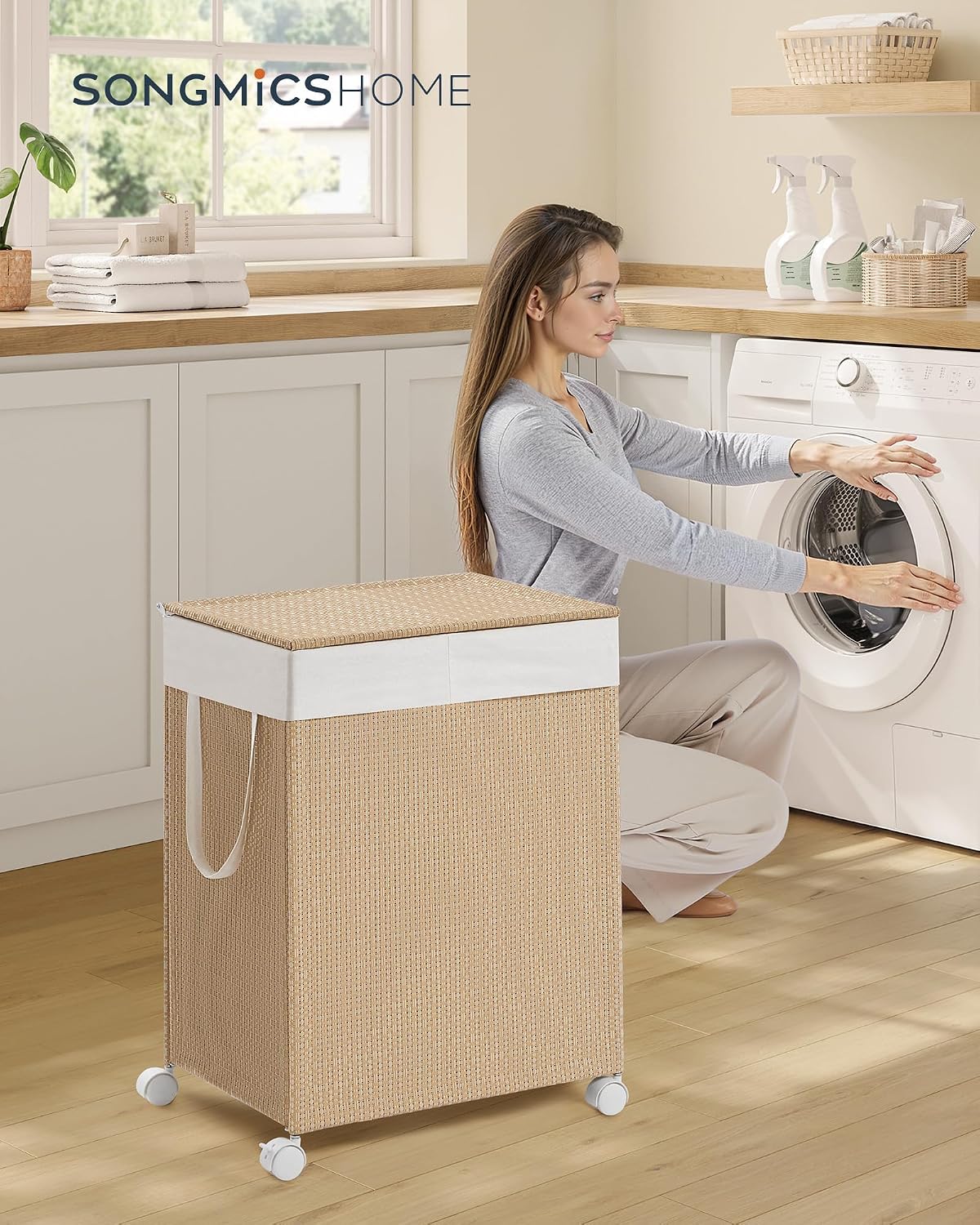 Laundry Hamper with 3 Section, 140 L, Rattan, with Wheels