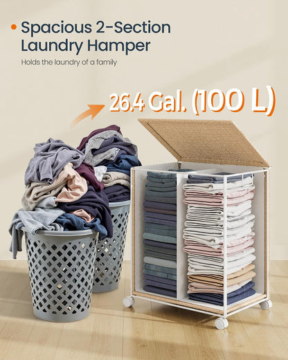Laundry Hamper with 3 Section, 140 L, Rattan, with Wheels