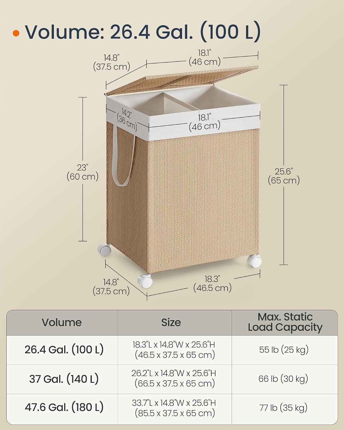 Laundry Hamper with 3 Section, 140 L, Rattan, with Wheels
