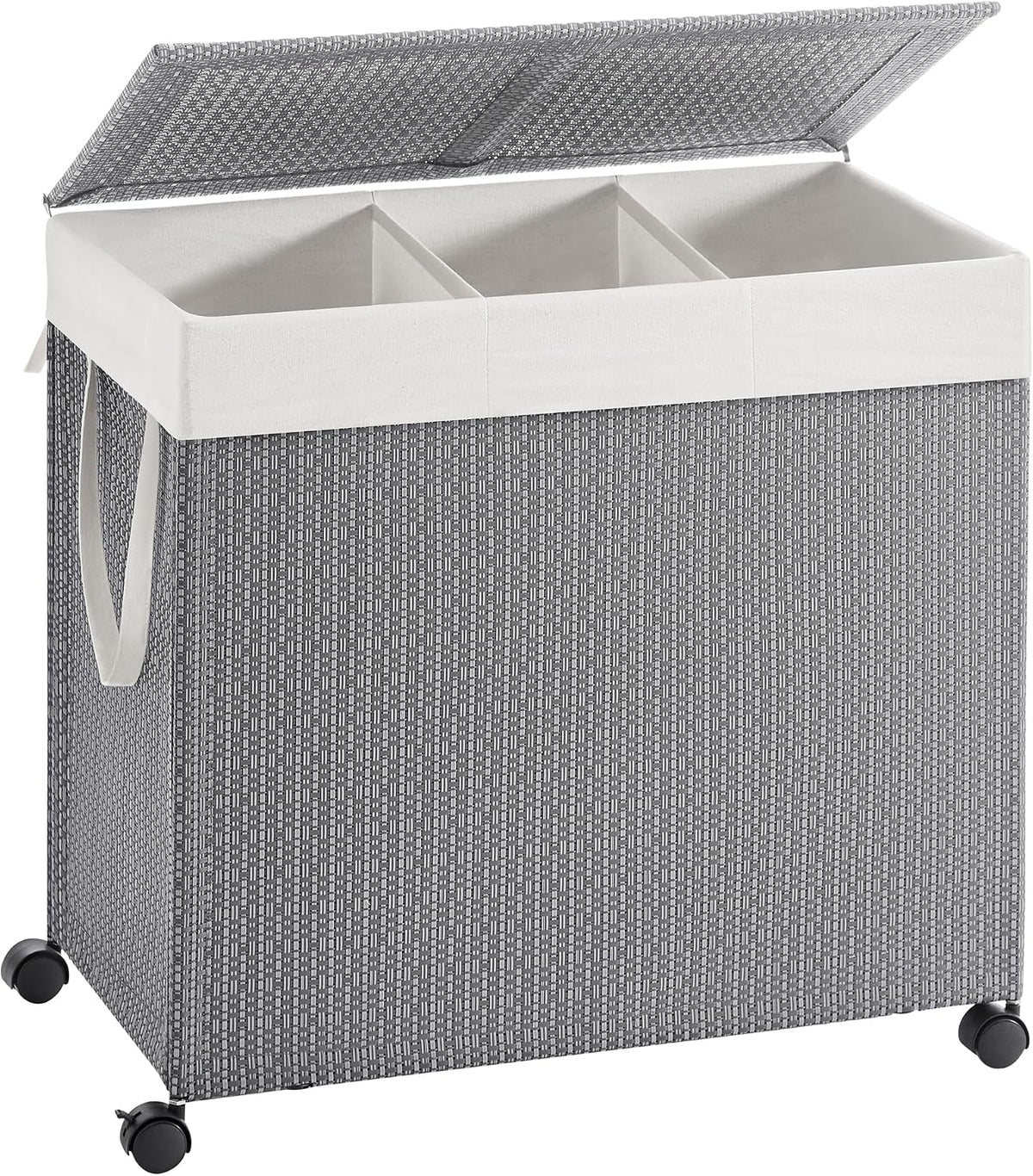 Laundry Hamper with 3 Section, 140 L, Rattan, with Wheels