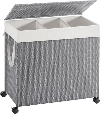 Laundry Hamper with 3 Section, 140 L, Rattan, with Wheels