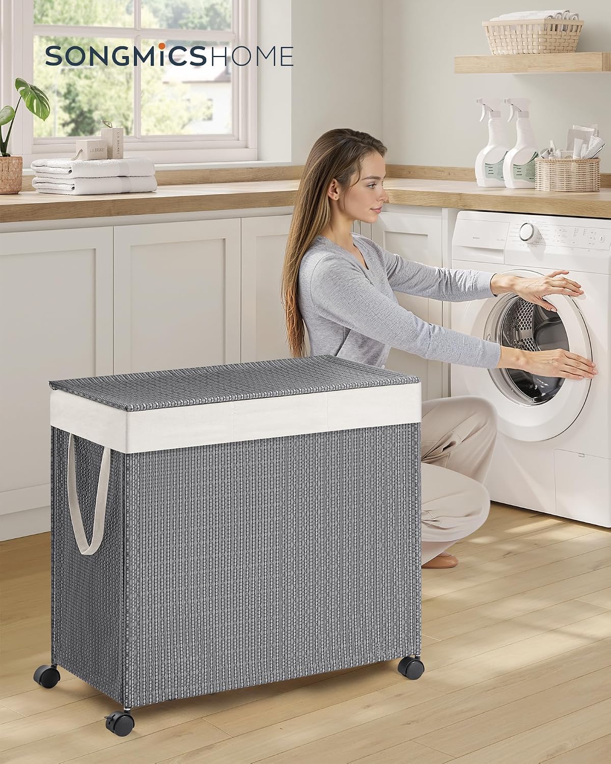 Laundry Hamper with 3 Section, 140 L, Rattan, with Wheels