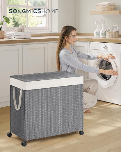 Laundry Hamper with 3 Section, 140 L, Rattan, with Wheels