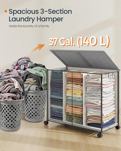 Laundry Hamper with 3 Section, 140 L, Rattan, with Wheels
