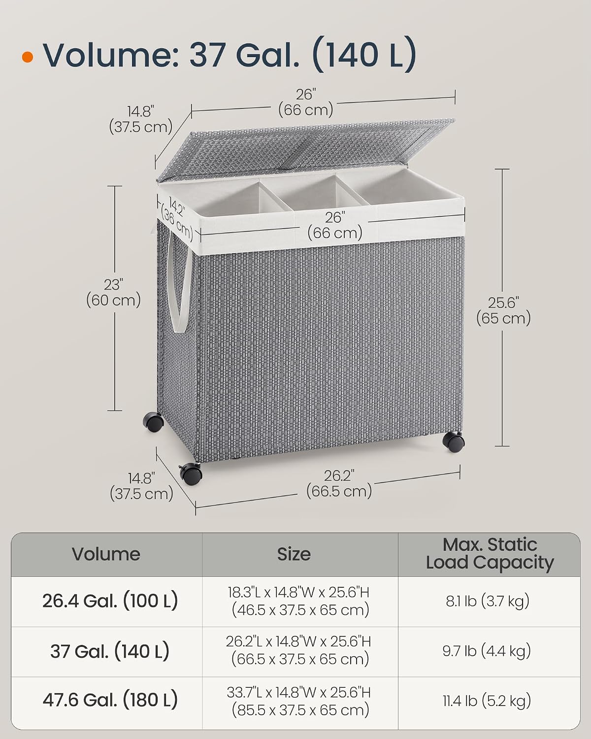 Laundry Hamper with 3 Section, 140 L, Rattan, with Wheels