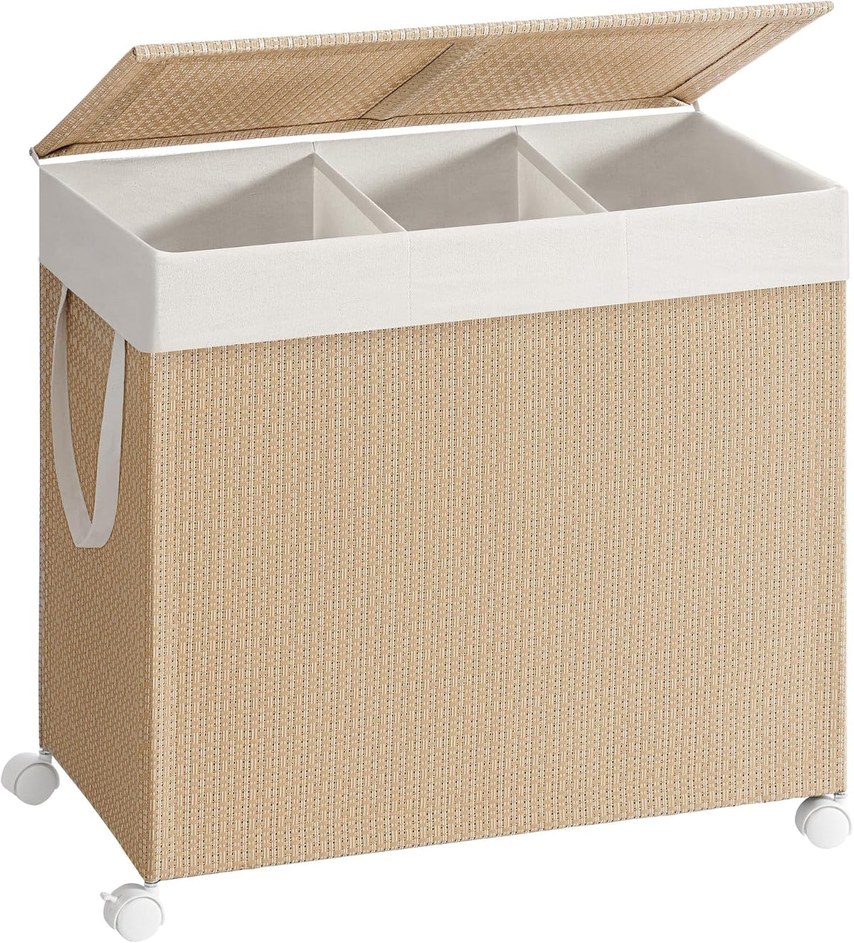 Laundry Hamper with 3 Section, 140 L, Rattan, with Wheels