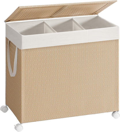 Laundry Hamper with 3 Section, 140 L, Rattan, with Wheels