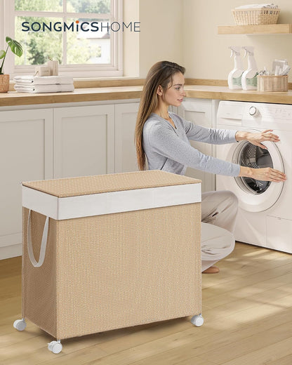 Laundry Hamper with 3 Section, 140 L, Rattan, with Wheels
