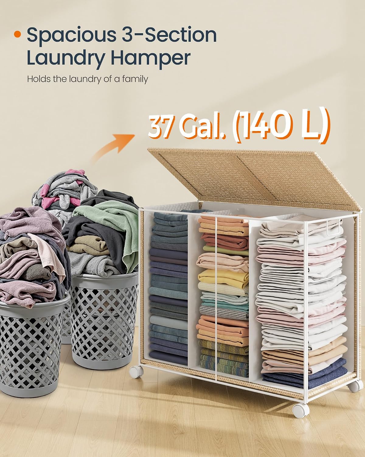 Laundry Hamper with 3 Section, 140 L, Rattan, with Wheels
