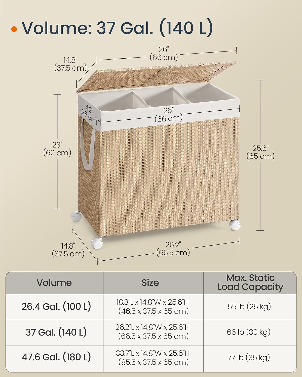 Laundry Hamper with 3 Section, 140 L, Rattan, with Wheels