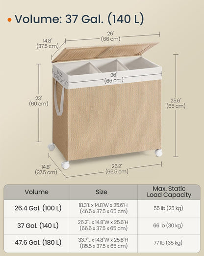 Laundry Hamper with 3 Section, 140 L, Rattan, with Wheels