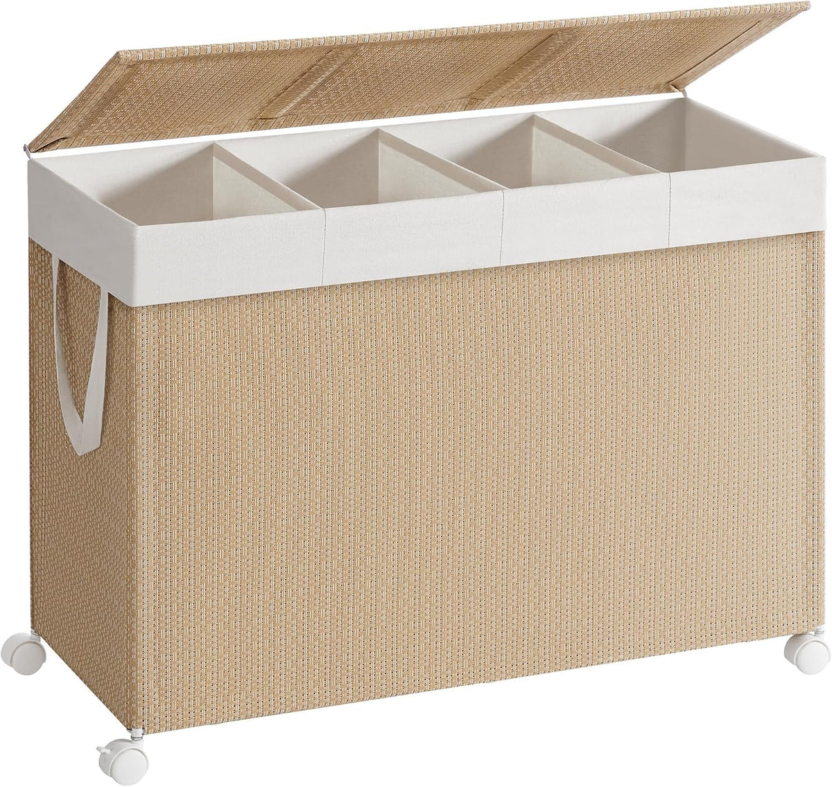 Laundry Hamper with 3 Section, 140 L, Rattan, with Wheels