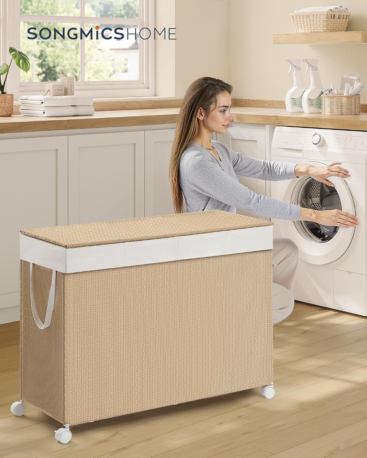 Laundry Hamper with 3 Section, 140 L, Rattan, with Wheels