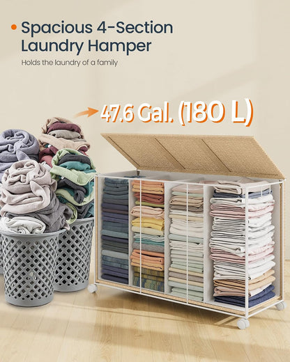 Laundry Hamper with 3 Section, 140 L, Rattan, with Wheels