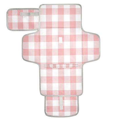 Pink White Gingham Portable Diaper Changing Pad, Waterproof Baby Changing Mat with Storage Pocket & Built-in Pillow, Foldable Travel Pad, Newborn Gift Set for Boy Girl